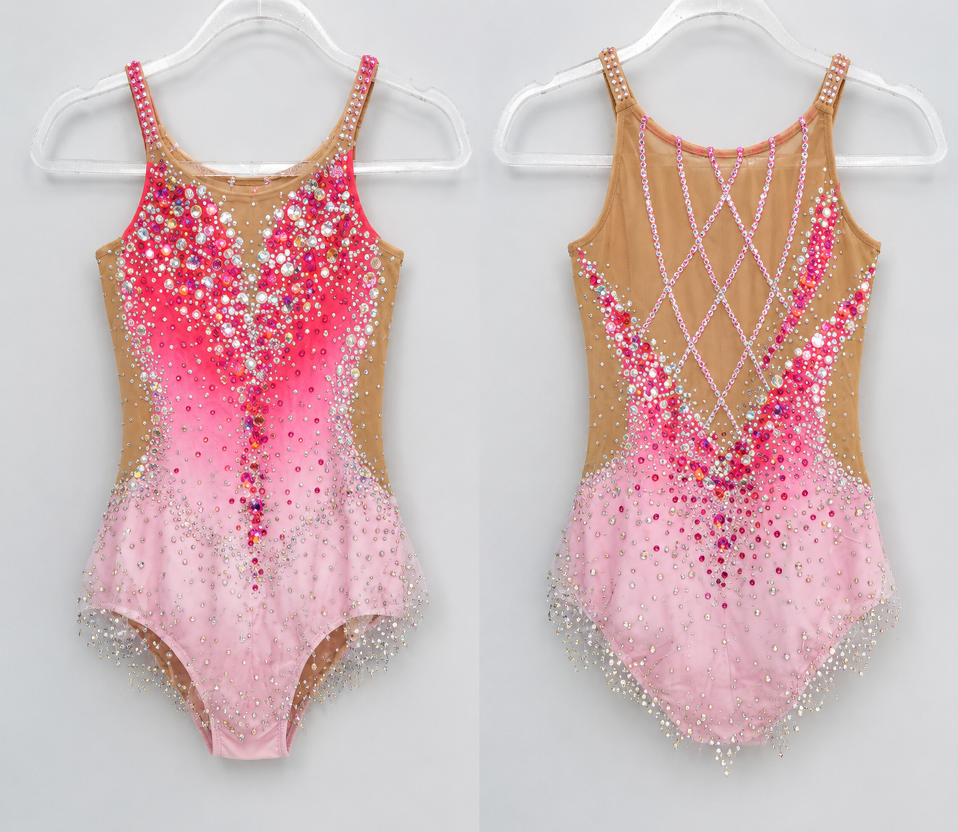 LIUHUO Rhythmic Gymnastics Leotards BD1844 | Hot Pink Gradient Heavy Crystal Lattice Mesh Gymnastics Costume for Girls
