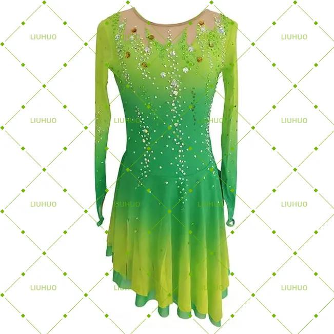 LIUHUO Figure Skating Dress BD1890 | Multi-Color Ombré Lattice Back Crystal Long Sleeve Asymmetrical Ice Costume for Women & Girls