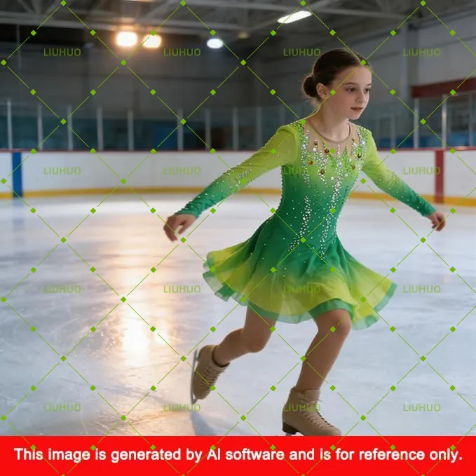 LIUHUO Figure Skating Dress BD1890 | Multi-Color Ombré Lattice Back Crystal Long Sleeve Asymmetrical Ice Costume for Women & Girls