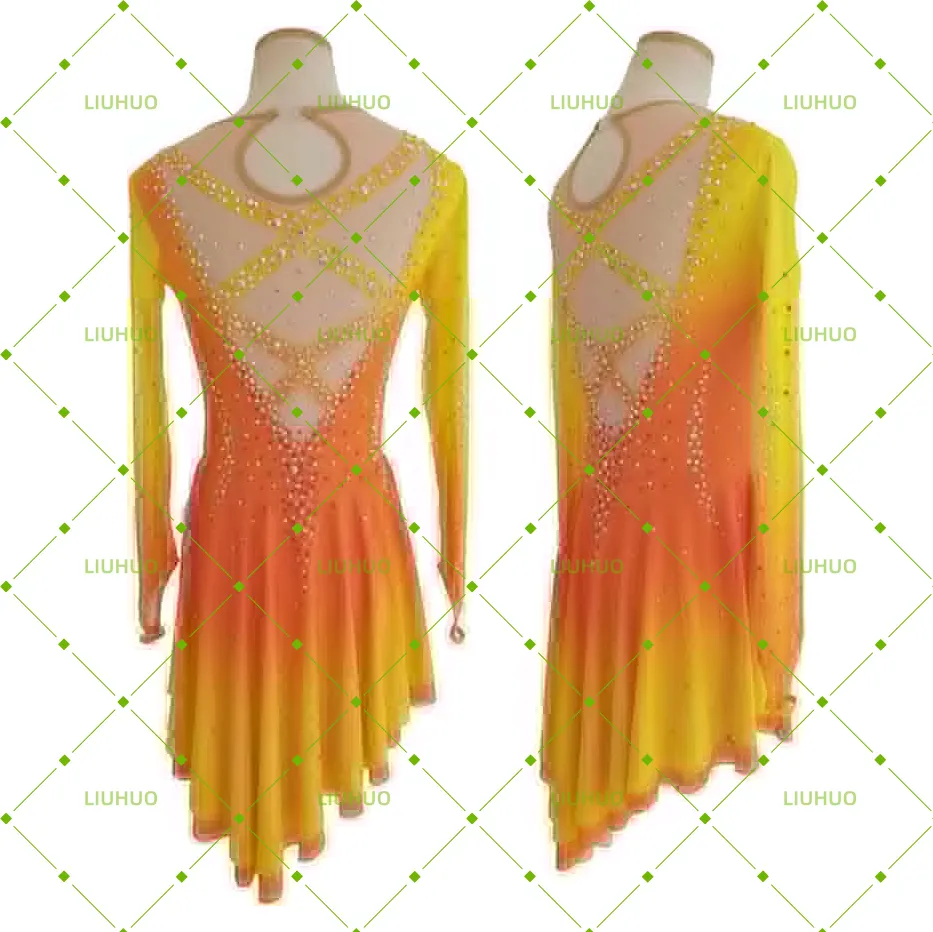 LIUHUO Figure Skating Dress BD1890 | Multi-Color Ombré Lattice Back Crystal Long Sleeve Asymmetrical Ice Costume for Women & Girls
