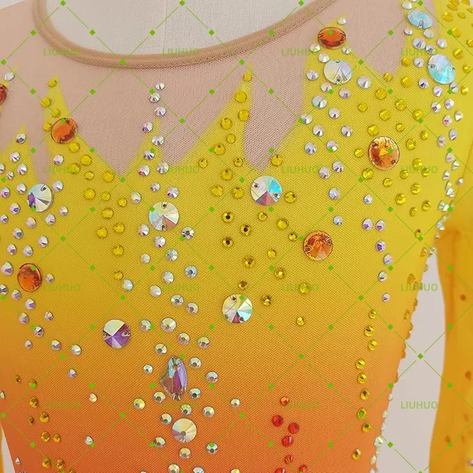 LIUHUO Figure Skating Dress BD1890 | Multi-Color Ombré Lattice Back Crystal Long Sleeve Asymmetrical Ice Costume for Women & Girls