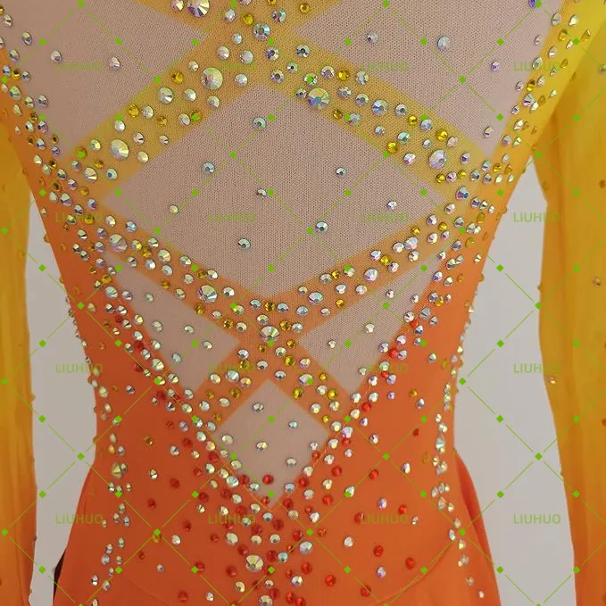 LIUHUO Figure Skating Dress BD1890 | Multi-Color Ombré Lattice Back Crystal Long Sleeve Asymmetrical Ice Costume for Women & Girls