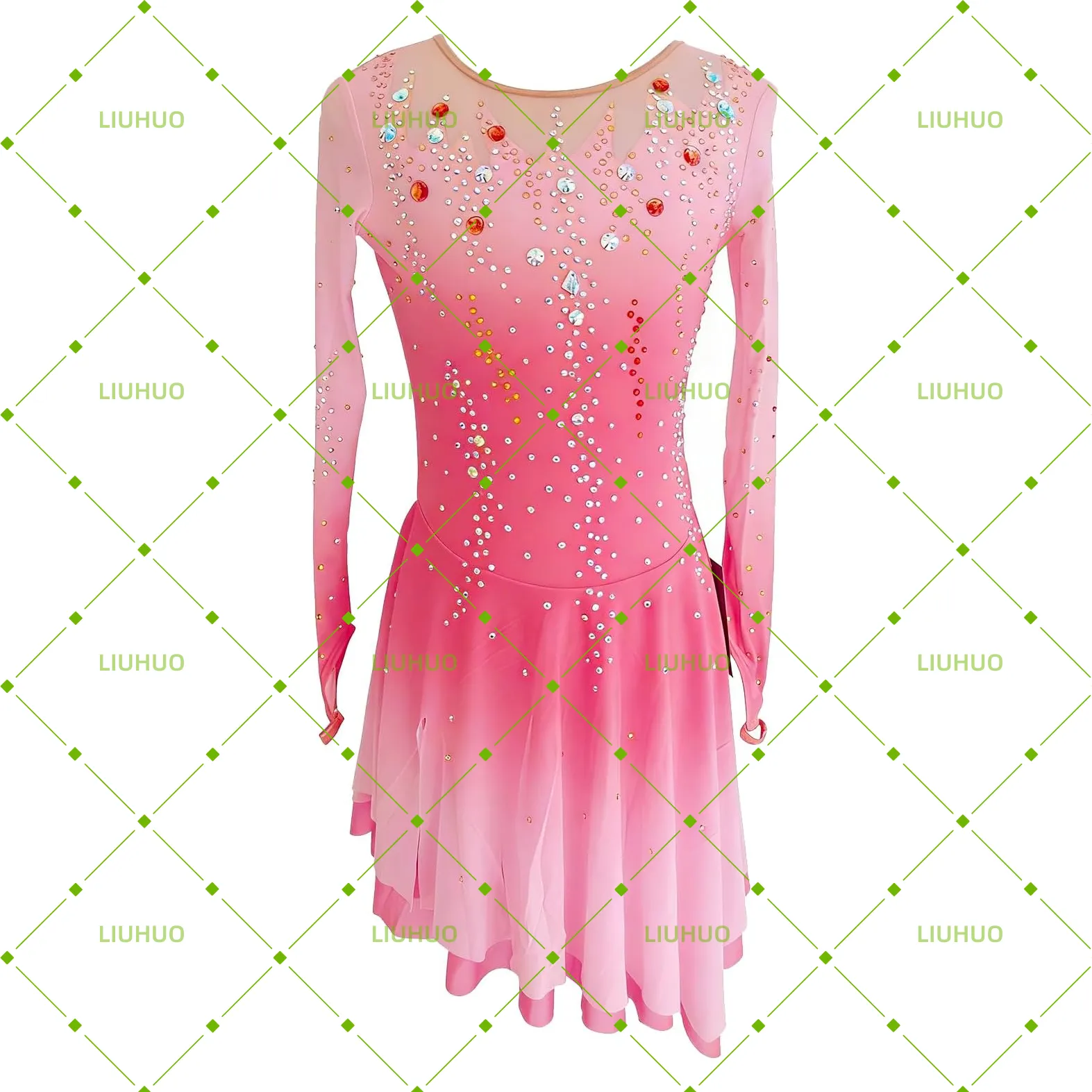 LIUHUO Figure Skating Dress BD1890 | Multi-Color Ombré Lattice Back Crystal Long Sleeve Asymmetrical Ice Costume for Women & Girls