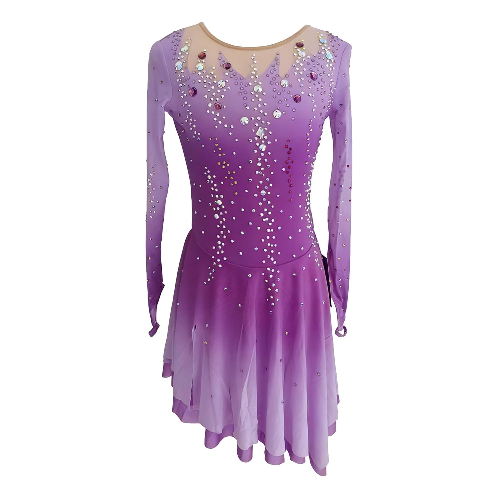 LIUHUO Figure Skating Dress BD1890 | Multi-Color Ombré Lattice Back Crystal Long Sleeve Asymmetrical Ice Costume for Women & Girls