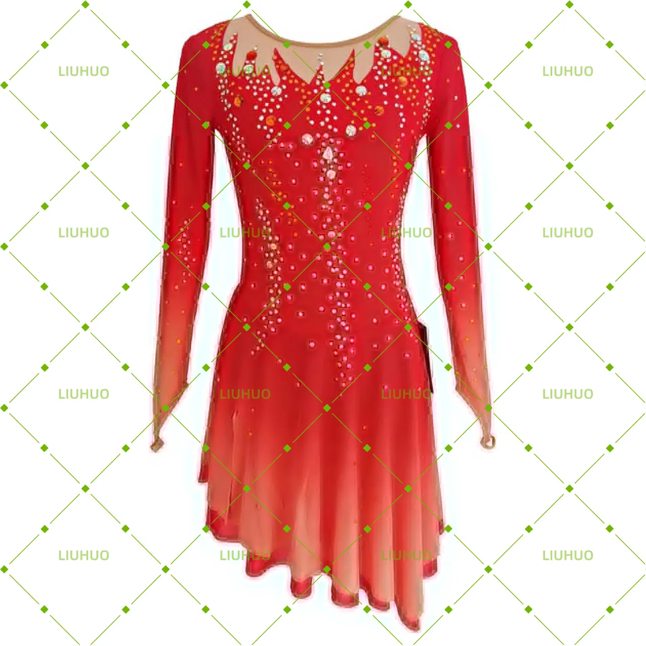 LIUHUO Figure Skating Dress BD1890 | Multi-Color Ombré Lattice Back Crystal Long Sleeve Asymmetrical Ice Costume for Women & Girls