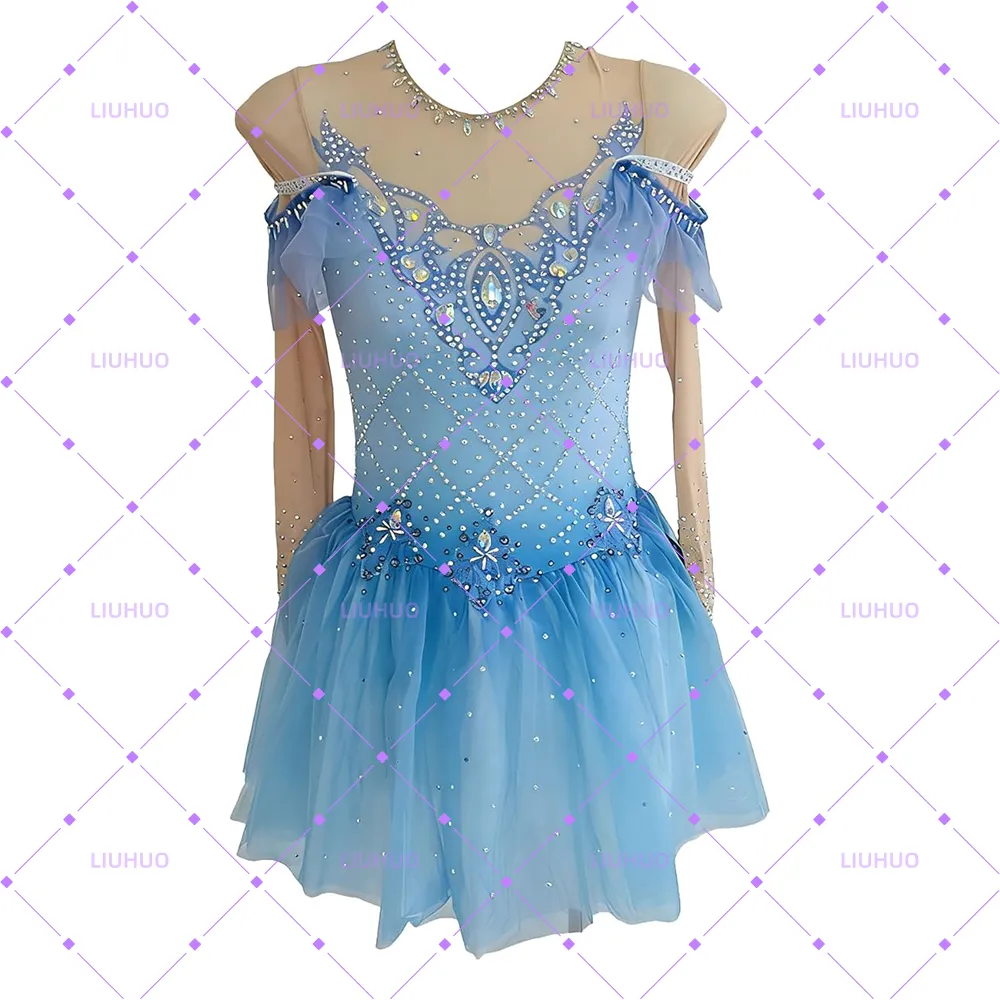 LIUHUO Figure Skating Dress  BD1641 | Off-Shoulder Ruffle Mesh Ombré Crystal Ice Costume for Women & Girls