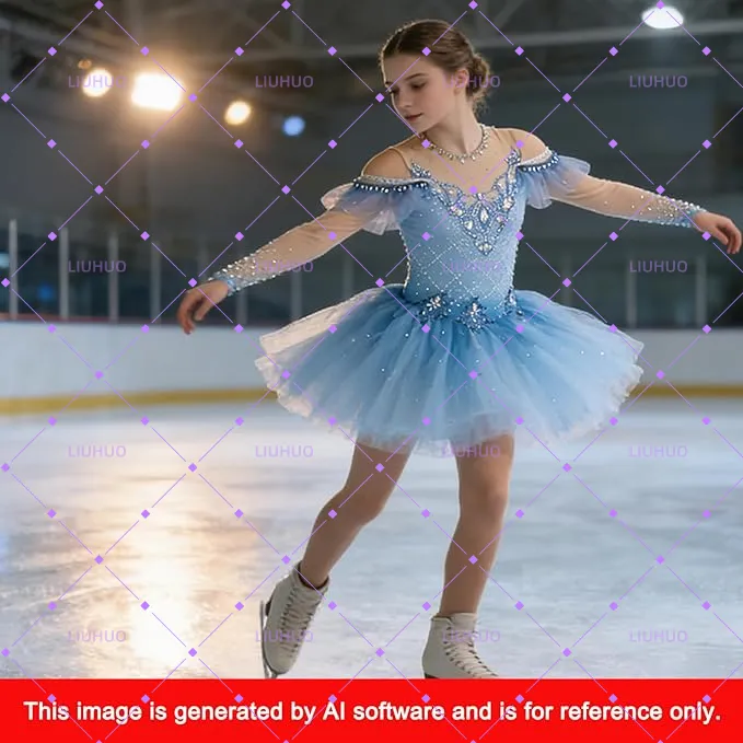 LIUHUO Figure Skating Dress  BD1641 | Off-Shoulder Ruffle Mesh Ombré Crystal Ice Costume for Women & Girls