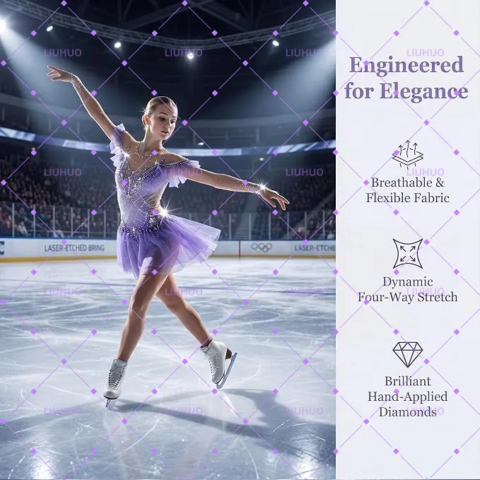 LIUHUO Figure Skating Dress  BD1641 | Off-Shoulder Ruffle Mesh Ombré Crystal Ice Costume for Women & Girls