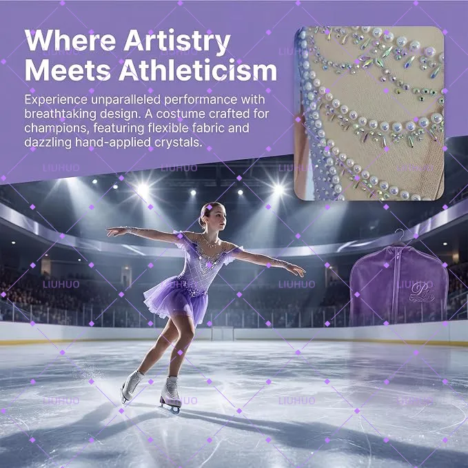 LIUHUO Figure Skating Dress  BD1641 | Off-Shoulder Ruffle Mesh Ombré Crystal Ice Costume for Women & Girls