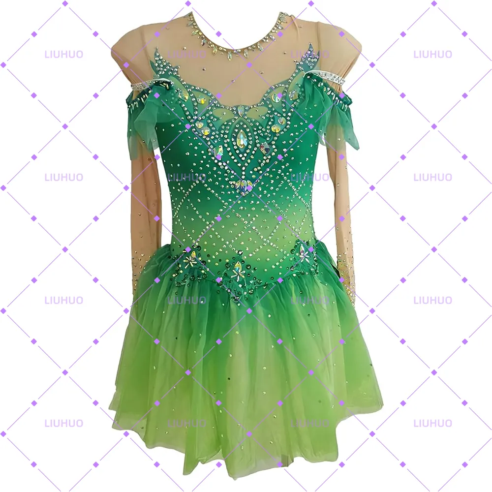 LIUHUO Figure Skating Dress  BD1641 | Off-Shoulder Ruffle Mesh Ombré Crystal Ice Costume for Women & Girls