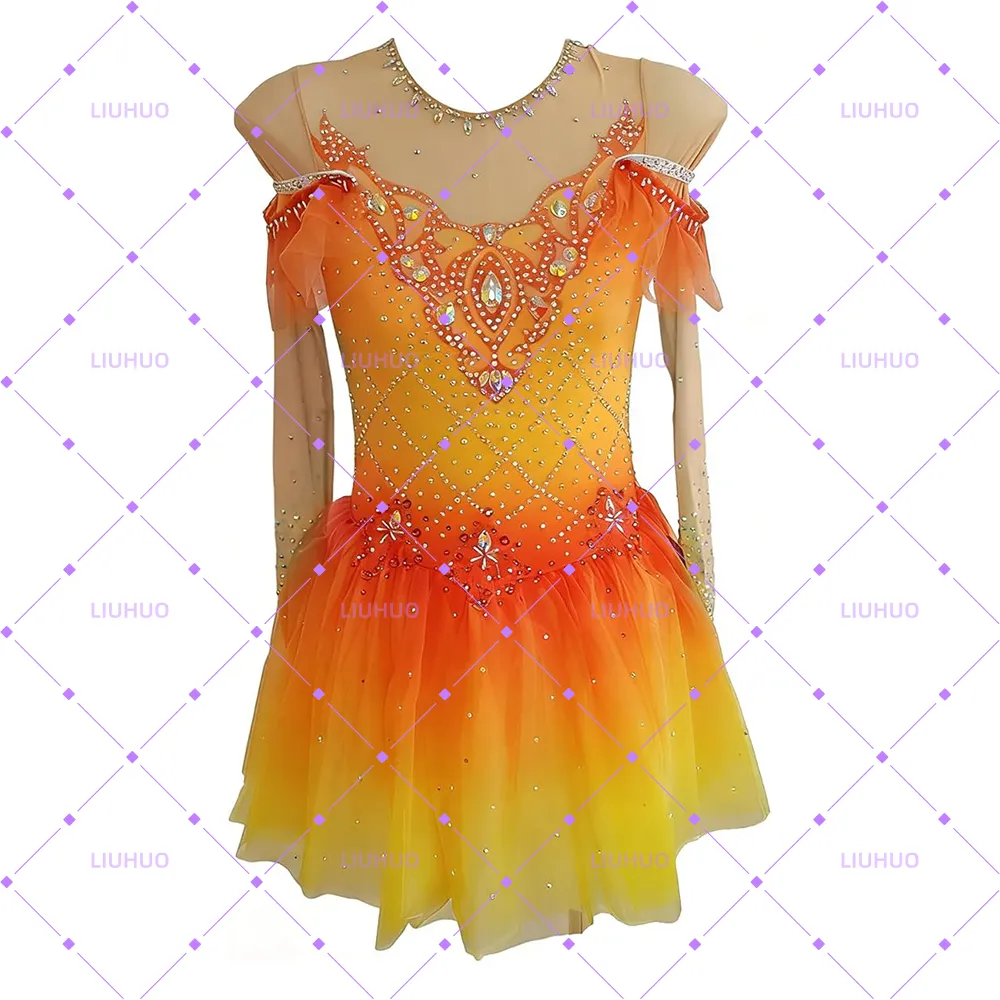 LIUHUO Figure Skating Dress  BD1641 | Off-Shoulder Ruffle Mesh Ombré Crystal Ice Costume for Women & Girls