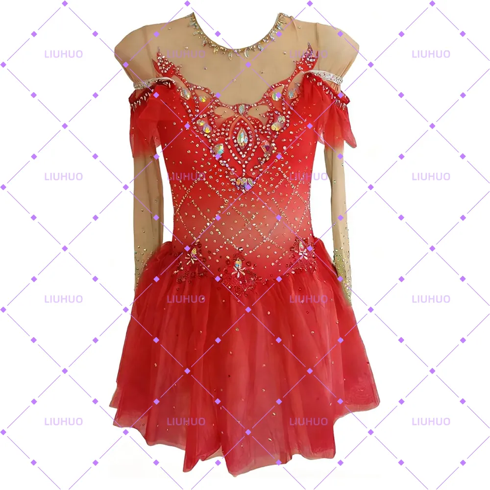 LIUHUO Figure Skating Dress  BD1641 | Off-Shoulder Ruffle Mesh Ombré Crystal Ice Costume for Women & Girls