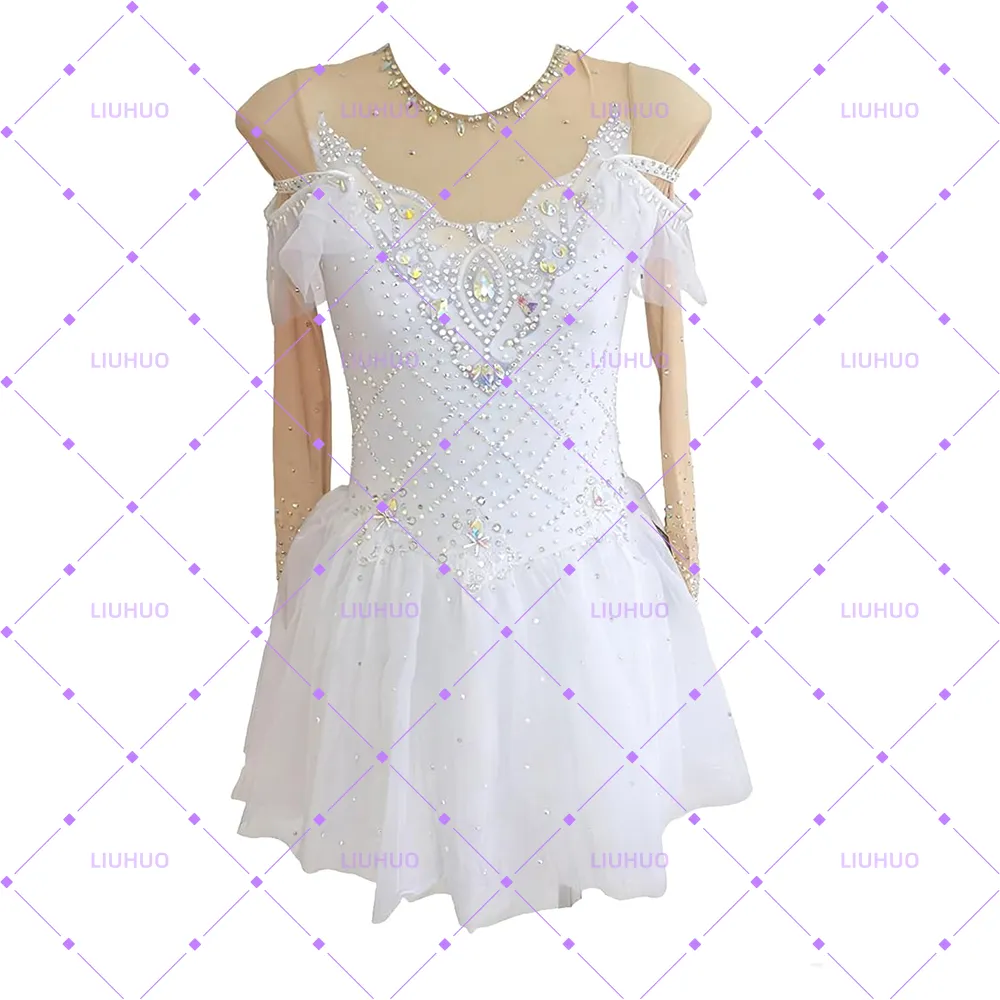 LIUHUO Figure Skating Dress  BD1641 | Off-Shoulder Ruffle Mesh Ombré Crystal Ice Costume for Women & Girls