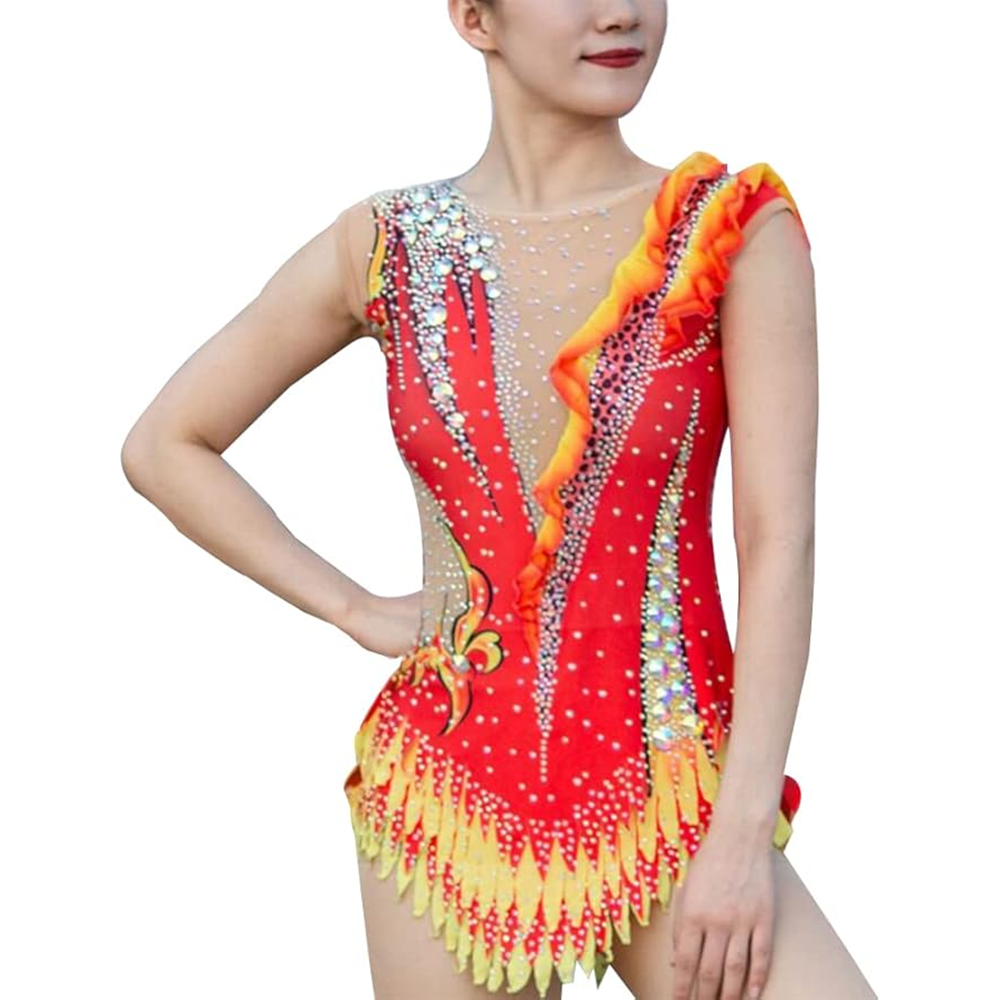 LIUHUO Rhythmic Gymnastics Leotard BD1688 | Royal Purple High Neck Sleeveless Crystal Matrix Jagged Hem Competition Performance Suit for Women & Girls