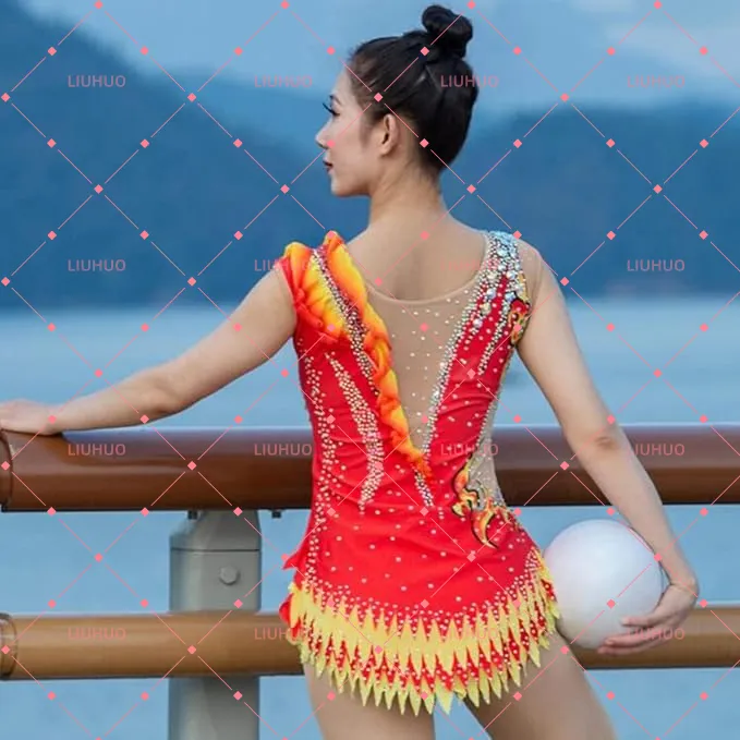 LIUHUO Rhythmic Gymnastics Leotard BD1688 | Royal Purple High Neck Sleeveless Crystal Matrix Jagged Hem Competition Performance Suit for Women & Girls