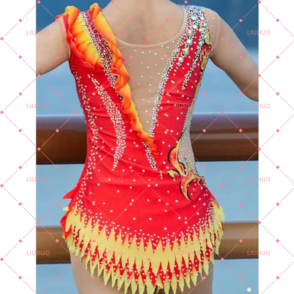 LIUHUO Rhythmic Gymnastics Leotard BD1688 | Royal Purple High Neck Sleeveless Crystal Matrix Jagged Hem Competition Performance Suit for Women & Girls