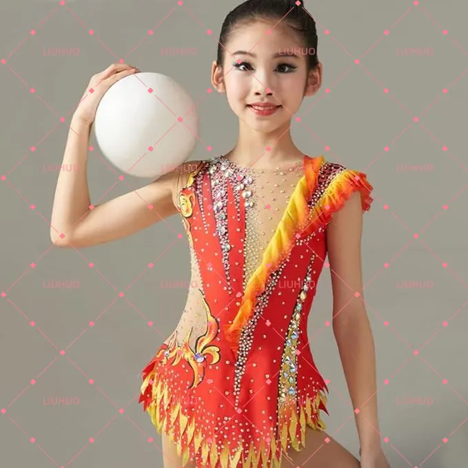LIUHUO Rhythmic Gymnastics Leotard BD1688 | Royal Purple High Neck Sleeveless Crystal Matrix Jagged Hem Competition Performance Suit for Women & Girls