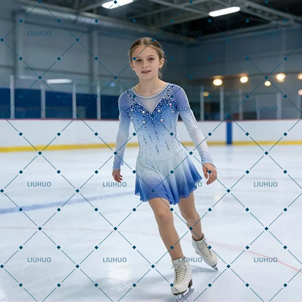 LIUHUO Figure Skating Dress BD8003 | Periwinkle Blue Ombré Deep-V Back Crystal Long Sleeve Competition Outfit for Women & Girls