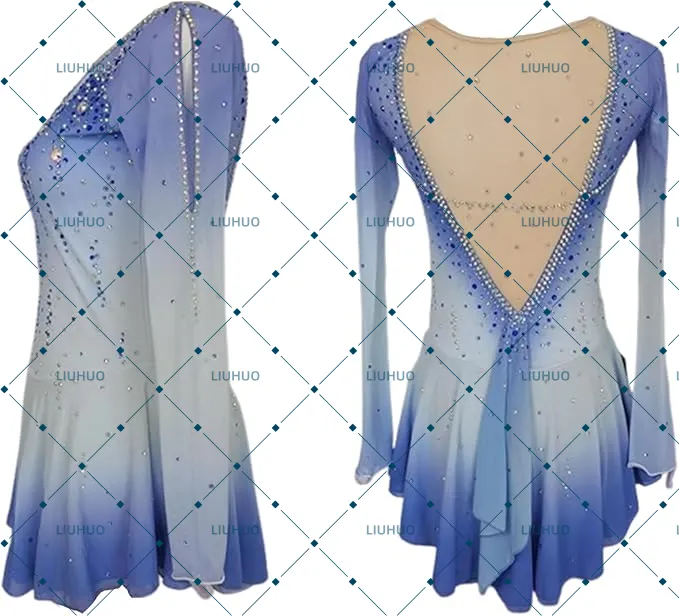 LIUHUO Figure Skating Dress BD8003 | Periwinkle Blue Ombré Deep-V Back Crystal Long Sleeve Competition Outfit for Women & Girls