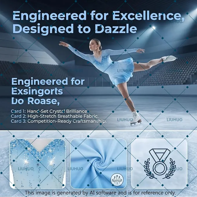 LIUHUO Figure Skating Dress BD8003 | Periwinkle Blue Ombré Deep-V Back Crystal Long Sleeve Competition Outfit for Women & Girls
