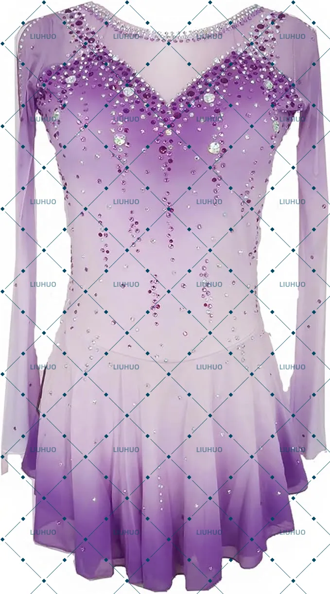 LIUHUO Figure Skating Dress BD8003 | Periwinkle Blue Ombré Deep-V Back Crystal Long Sleeve Competition Outfit for Women & Girls