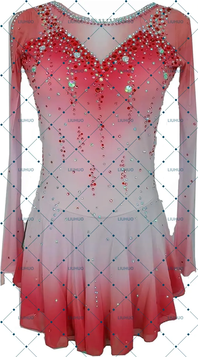 LIUHUO Figure Skating Dress BD8003 | Periwinkle Blue Ombré Deep-V Back Crystal Long Sleeve Competition Outfit for Women & Girls
