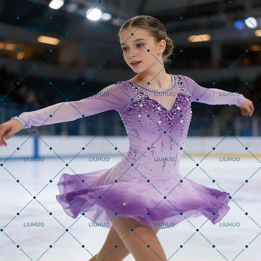 LIUHUO Figure Skating Dress BD8003 | Periwinkle Blue Ombré Deep-V Back Crystal Long Sleeve Competition Outfit for Women & Girls