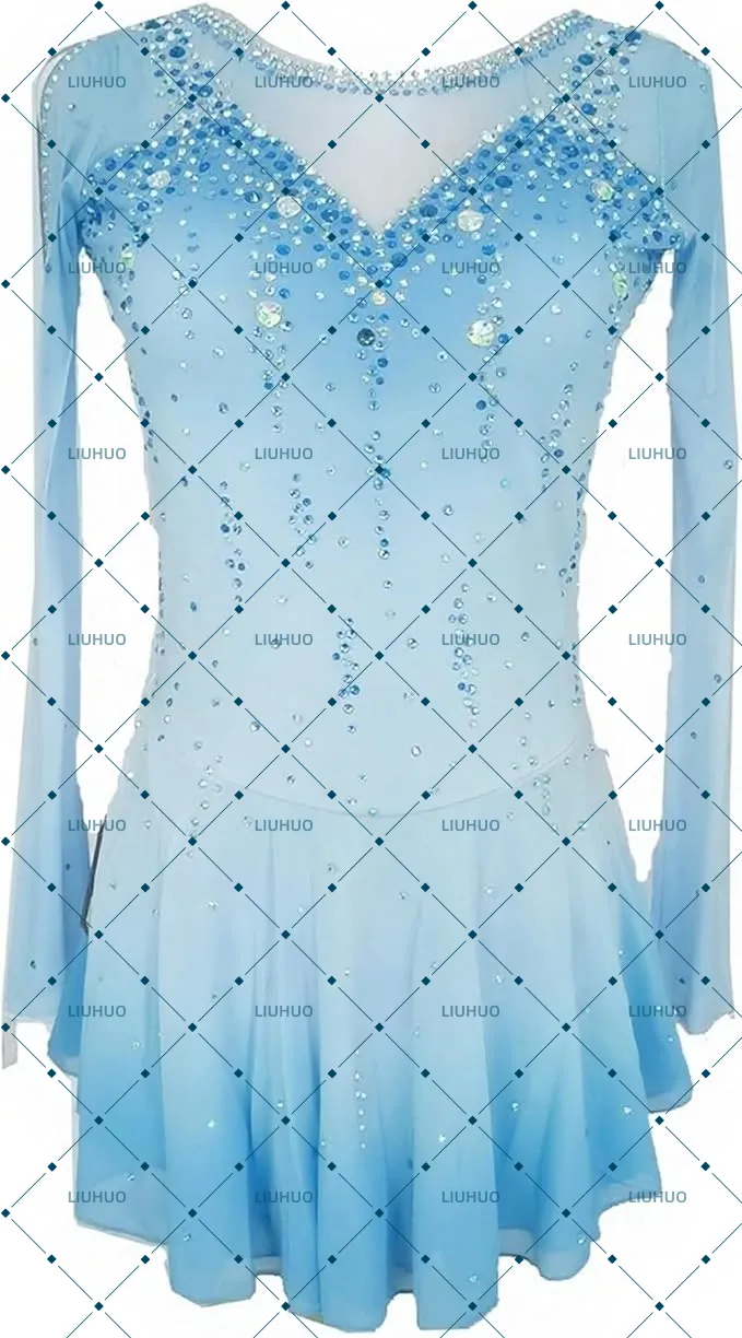LIUHUO Figure Skating Dress BD8003 | Periwinkle Blue Ombré Deep-V Back Crystal Long Sleeve Competition Outfit for Women & Girls