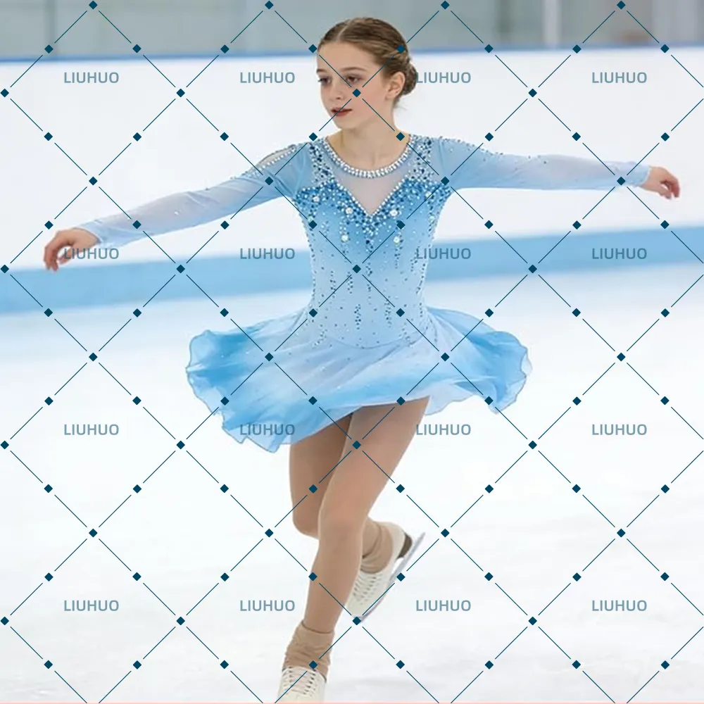 LIUHUO Figure Skating Dress BD8003 | Periwinkle Blue Ombré Deep-V Back Crystal Long Sleeve Competition Outfit for Women & Girls