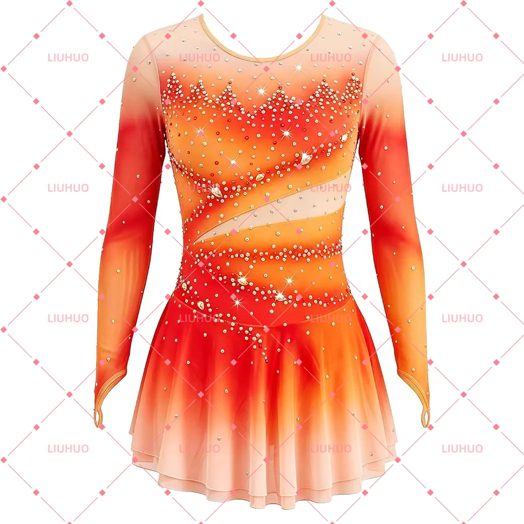 LIUHUO Figure Skating Dress BD1838  | Ombré Mesh Cutout Crystal Long Sleeve Ice Costume for Women & Girls