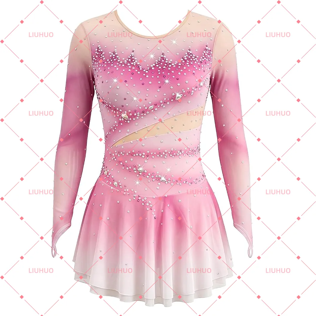 LIUHUO Figure Skating Dress BD1838  | Ombré Mesh Cutout Crystal Long Sleeve Ice Costume for Women & Girls