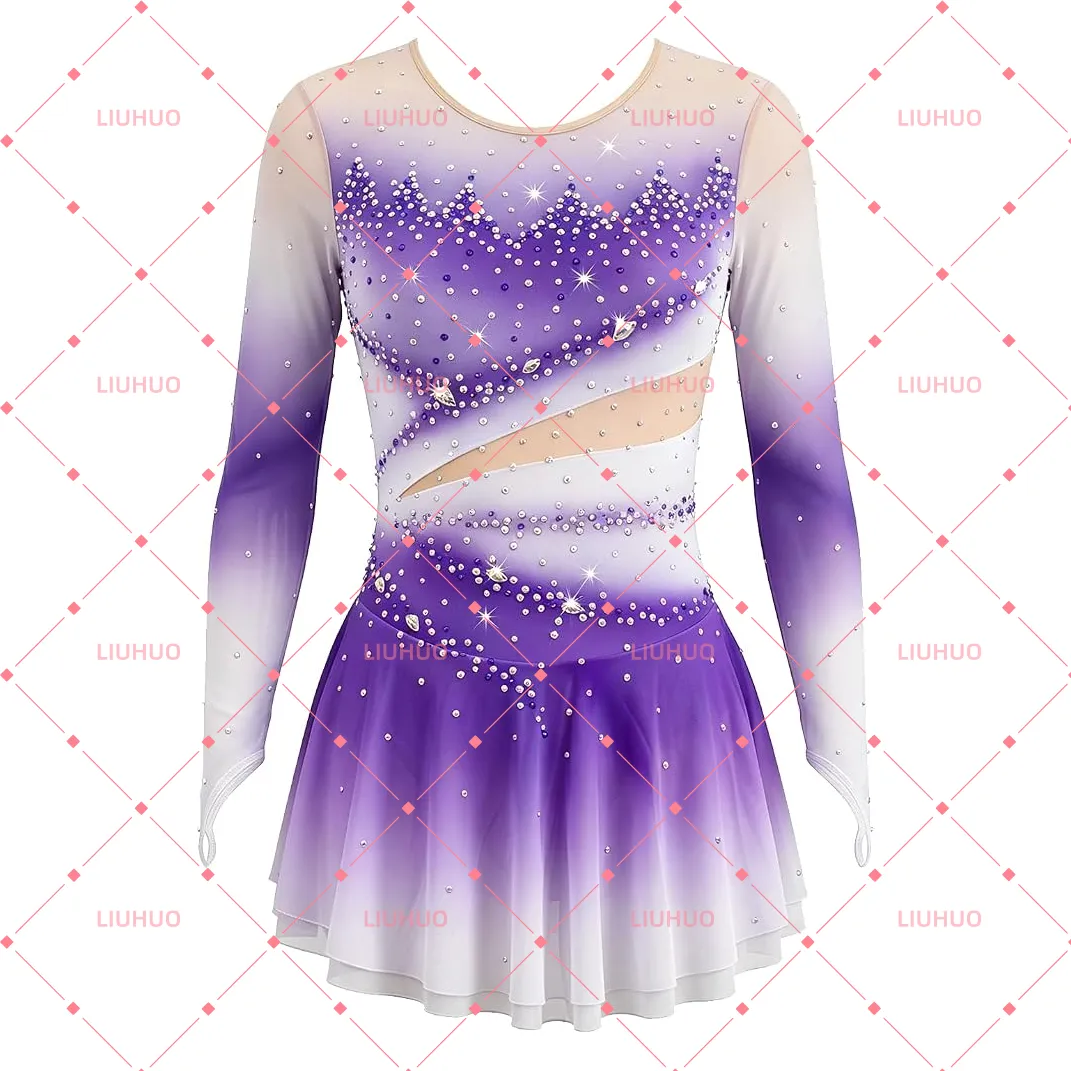 LIUHUO Figure Skating Dress BD1838  | Ombré Mesh Cutout Crystal Long Sleeve Ice Costume for Women & Girls