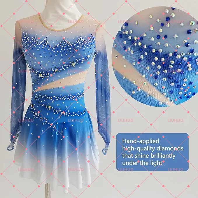 LIUHUO Figure Skating Dress BD1838  | Ombré Mesh Cutout Crystal Long Sleeve Ice Costume for Women & Girls