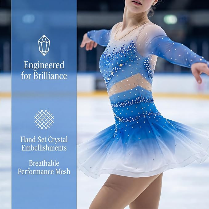 LIUHUO Figure Skating Dress BD1838 | Blue Ombre Crystal Competition Skating Costume for Girls & Women