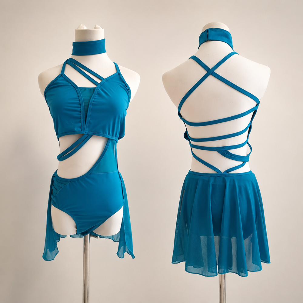 LIUHUO Lyrical Dance Costume JC1250 | Strappy Cross-Back High-Neck Chiffon Skirt Cutout Leotards for Women & Girls