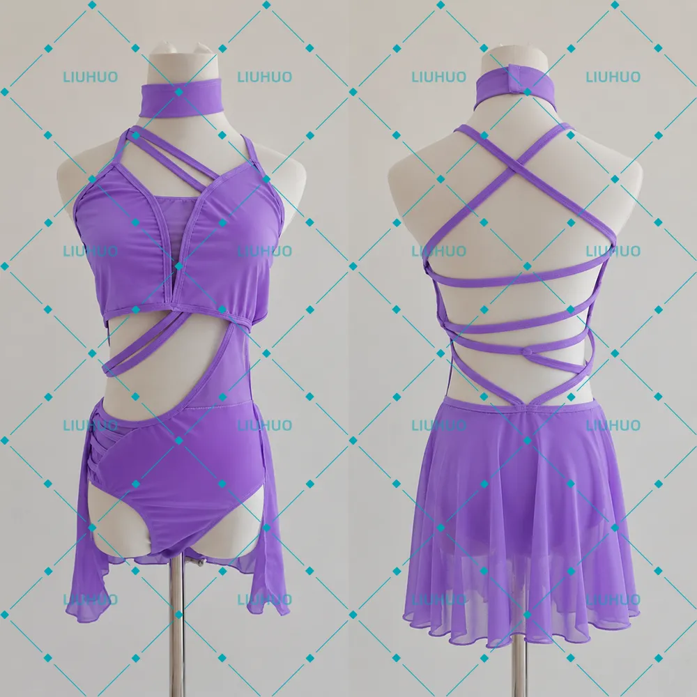 LIUHUO Lyrical Dance Costume JC1250 | Strappy Cross-Back High-Neck Chiffon Skirt Cutout Leotards for Women & Girls