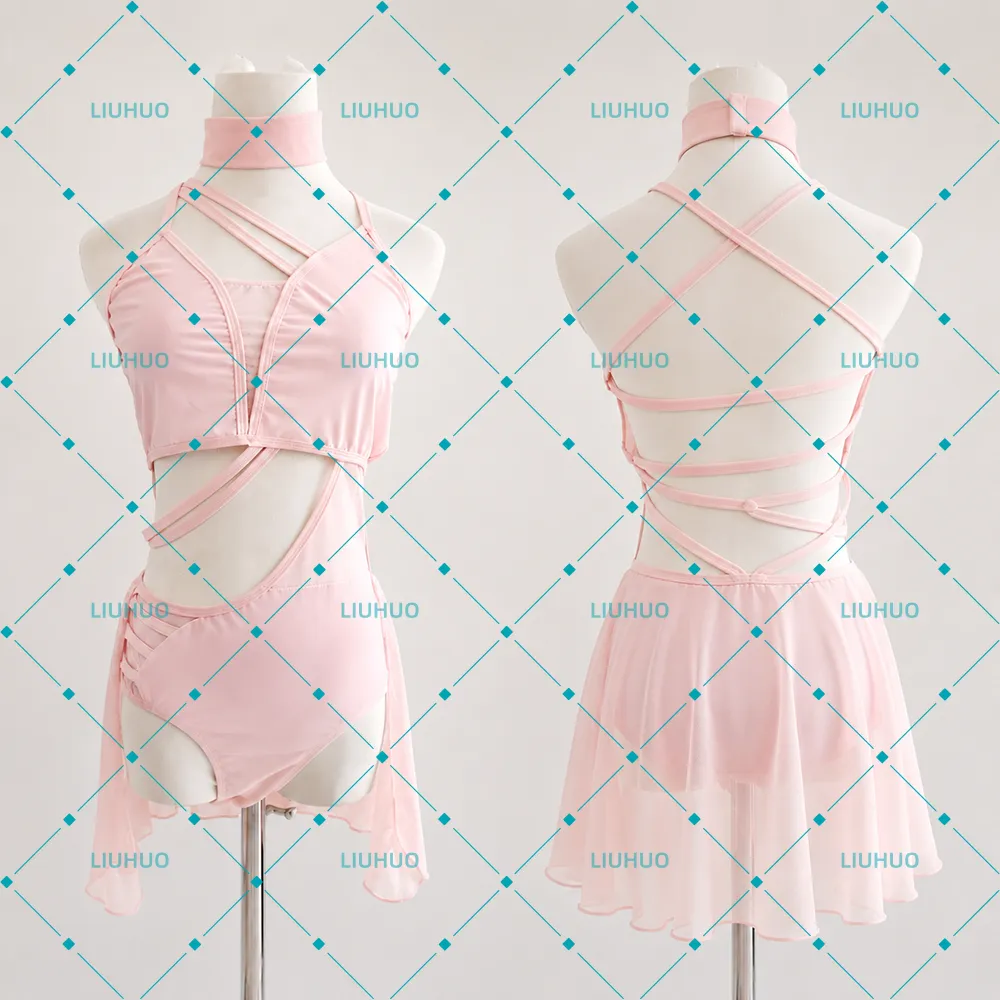 LIUHUO Lyrical Dance Costume JC1250 | Strappy Cross-Back High-Neck Chiffon Skirt Cutout Leotards for Women & Girls