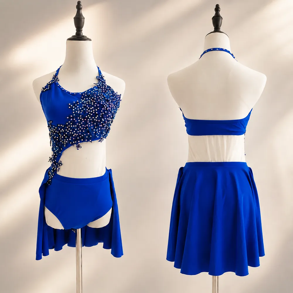 LIUHUO Lyrical Dance Costume JC684 | Royal Blue & Red Crystal Pearl Lace Asymmetric Halter Performance Suit for Women & Girls