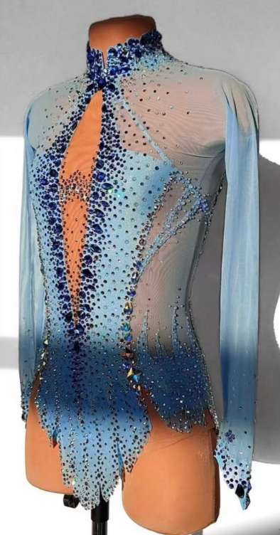 LIUHUO Rhythmic Gymnastics Leotards JC | Blue  V-Neck Sleeveless Crystal Matrix Competition Suit for Women & Girls