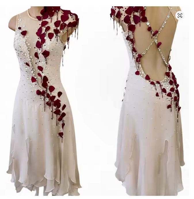 LIUHUO Figure Skating Dress  JC1417 | Off-White Cream Burgundy Rose Petal Crystal Open Back Performance Outfit for Women & Girls