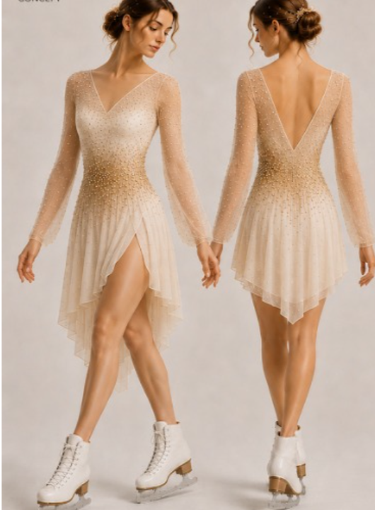 LIUHUO Figure Skating Dress  JC1381 | Champagne Gold Ombré One-Shoulder Crystal Chiffon Costume for Women