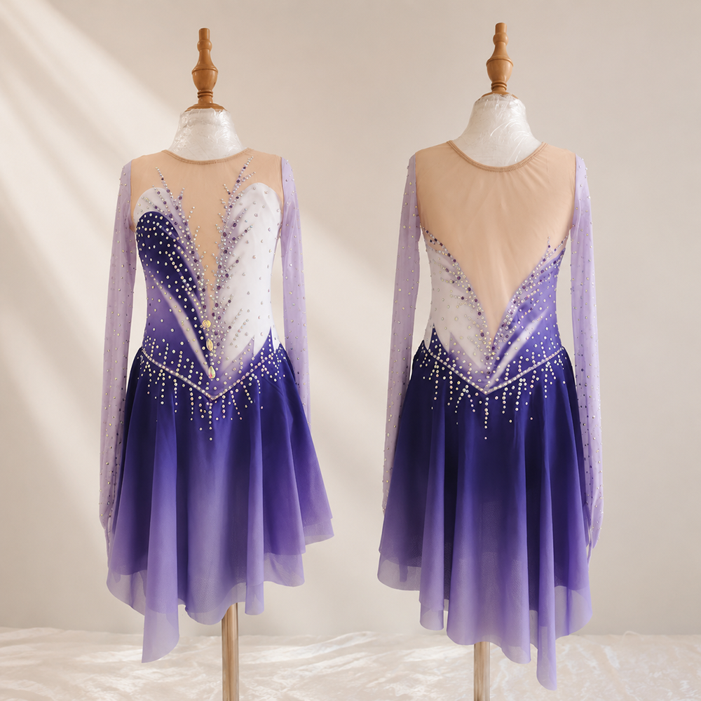 LIUHUO Figure Skating Dress  JC1261 | Lavender Violet Deep Indigo Ombré Feather Motif Crystal Long Sleeve Outfit for Women & Girls