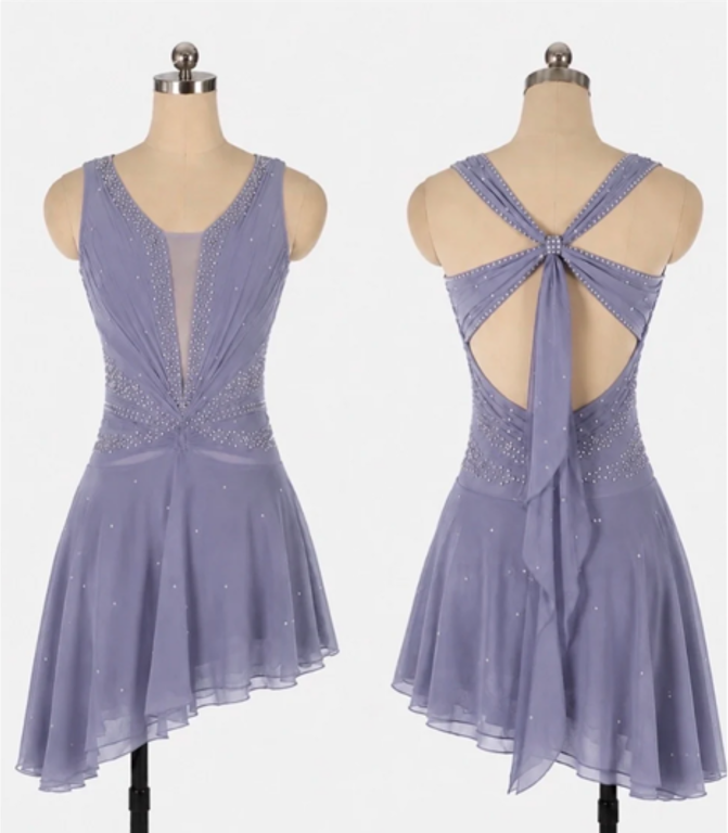 LIUHUO Figure Skating Dress  | Lavender Purple Ruched V-Neck Open Butterfly Bow Back Crystal Sleeveless Outfit for Women & Girls