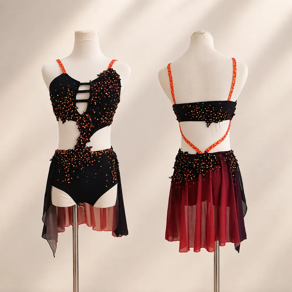 LIUHUO Lyrical Dance Costume JC902 | Onyx Black & Ember Red Multi-Cutout Ember Crystal Asymmetric Skirt Outfit for Women & Girls