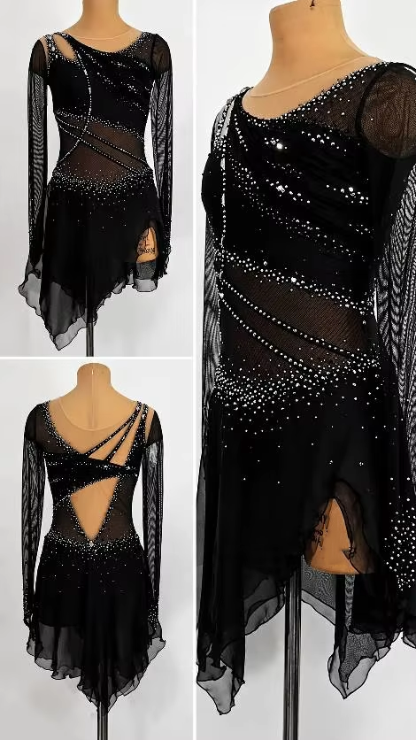 LIUHUO Figure Skating Dress | Onyx Black Mesh Cutout Diagonal Crystal Long Sleeve Outfit for Women & Girls