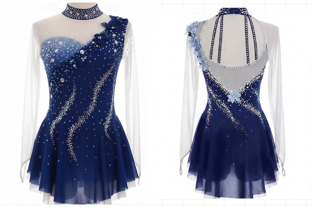LIUHUO Figure Skating Dress | Navy blue Gold Vine Embroidery One-Shoulder Asymmetric Crystal Long Sleeve Outfit for Women & Girls