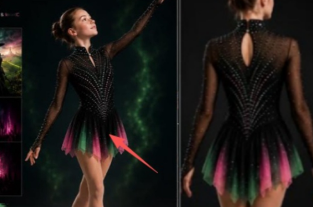 LIUHUO Figure Skating Dress |  Gold Vine Embroidery One-Shoulder Asymmetric Crystal Long Sleeve Outfit for Women & Girls