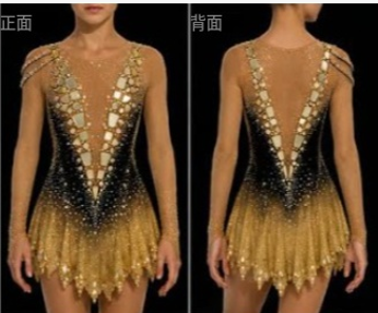 LIUHUO Figure Skating Dress |  Gold Vine Embroidery One-Shoulder Asymmetric Crystal Long Sleeve Outfit for Women & Girls