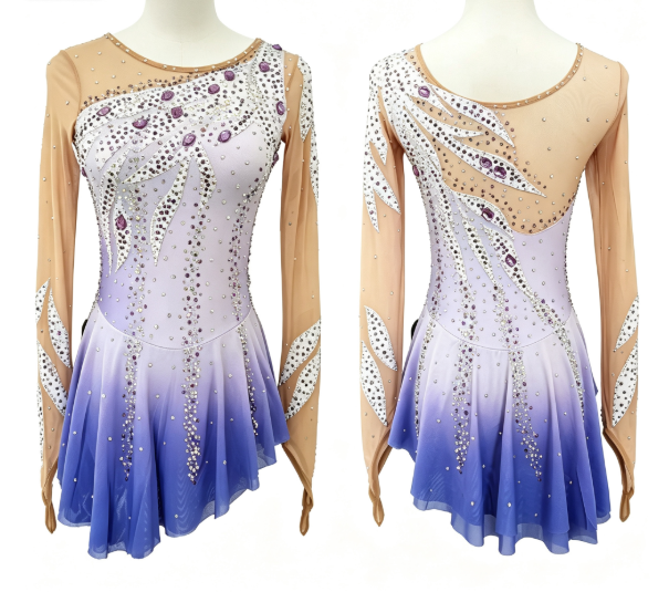 LIUHUO Figure Skating Dress  BD7024 | Lavender Violet Deep Indigo Ombré Feather Motif Crystal Long Sleeve Outfit for Women & Girls