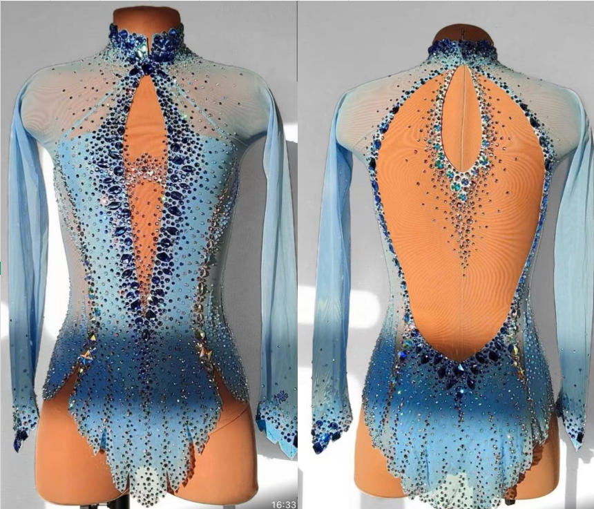 LIUHUO Rhythmic Gymnastics Leotards JC1404 | Sky Blue Gradient Sapphire Crystal High-Neck Keyhole Back Long Sleeve Performance Suit for Women & Girls